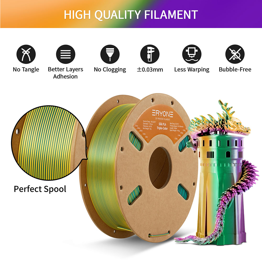 Filament PLA in Trikolorseiden Eryone 1 kg - dunkelgrün & lila & gelb