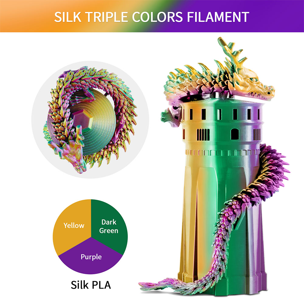 Filament PLA în mătase tricoloră eryone 1kg - verde închis și violet și galben