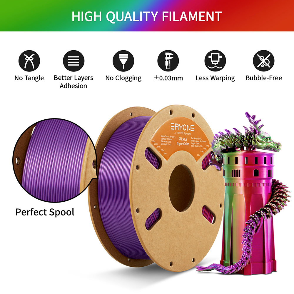 Filament spielt in dreifacher Farbe Eryone 1 kg - Rot und Violet & Green