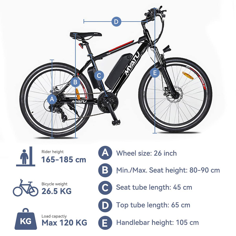 Bici elettrica con ruota a raggi Myatu M0126, motore da 250 W, batteria da 36 V 12.5 Ah, velocità massima 25 km/h, 50 miglia, autonomia Shimano a 21 velocità