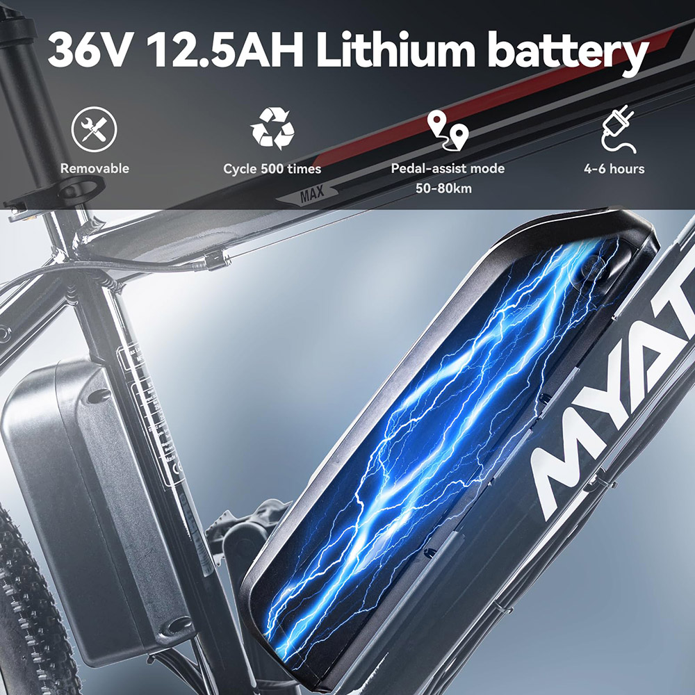 Bici elettrica con ruota a raggi Myatu M0126, motore da 250 W, batteria da 36 V 12.5 Ah, velocità massima 25 km/h, 50 miglia, autonomia Shimano a 21 velocità