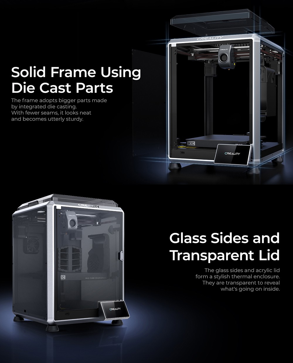 3D Creality K1C nyomtató, maximális sebesség 600 mm/s, AI kamera, gyors cserélési fúvóka, teljes egészében fémben, szénszálas nyomatok, légszűrő és csendes módban