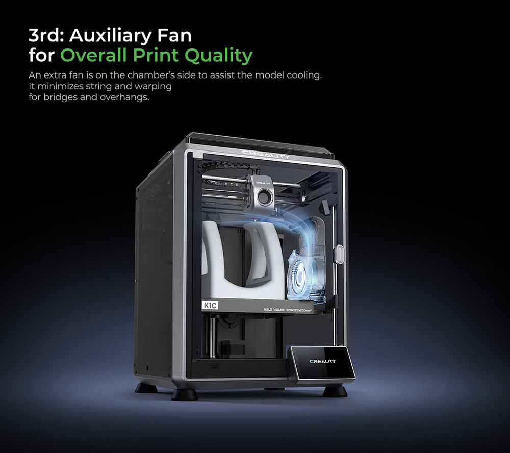 3D Creality K1C nyomtató, maximális sebesség 600 mm/s, AI kamera, gyors cserélési fúvóka, teljes egészében fémben, szénszálas nyomatok, légszűrő és csendes módban