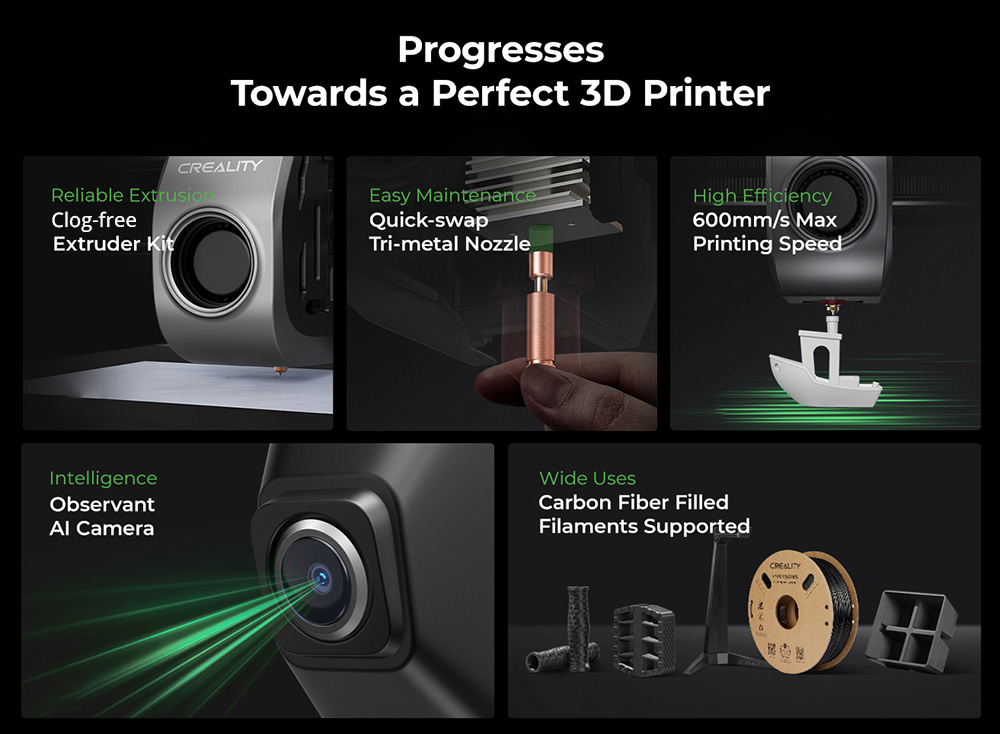 6D Creality K8C nyomtató, 399 mm-es maximális sebesség, automatikus frissítés, AI kamera, gyors cserélési fúvóka, teljesen fémkiváló, szénszálas nyomatok, légszűrő és csendes mód