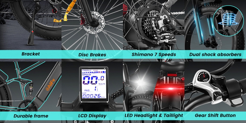 Bicicleta eléctrica AILIFE X26B, neumáticos de 26*4.0 pulgadas, batería de 48V13Ah, motor de 1000W, velocidad máxima de 30 mph, freno de disco de alcance máximo de 62 millas
