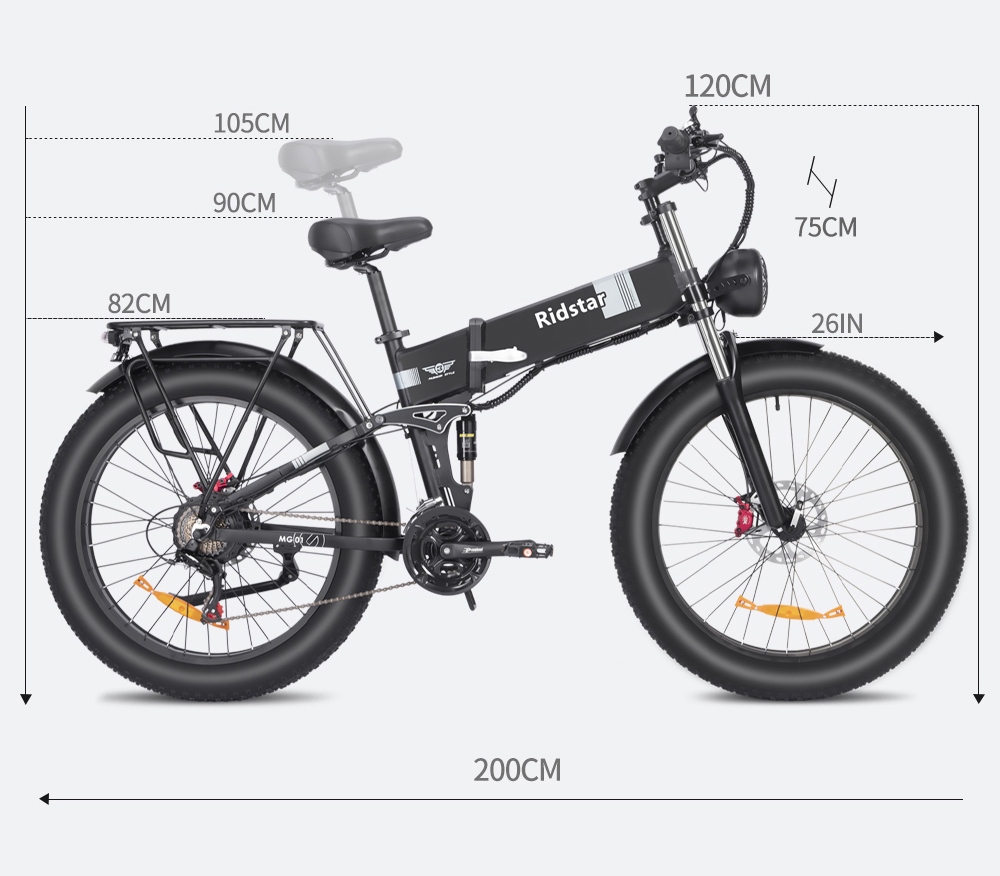 Bicicleta elétrica Ridstar H26 Pro, pneus gordos todo-o-terreno de 26 * 4.0 polegadas 1000W Motor 48V 20Ah Bateria 36mph Velocidade máxima 120km Alcance máximo Freio a óleo