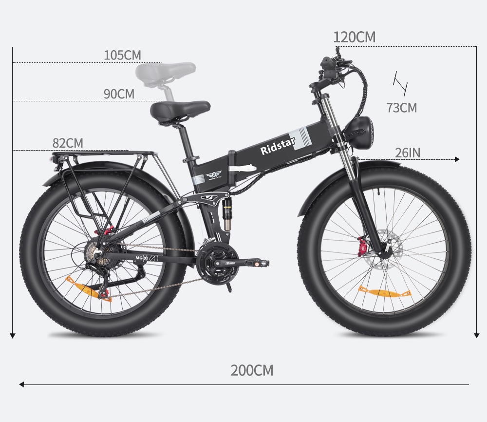 Ridstar H26 Pro elektrische fiets, 26 * 4.0 inch dikke banden voor alle terreinen 1000 W motor 48 V 20 Ah batterij 36 mph maximale snelheid 120 km maximaal bereik olierem