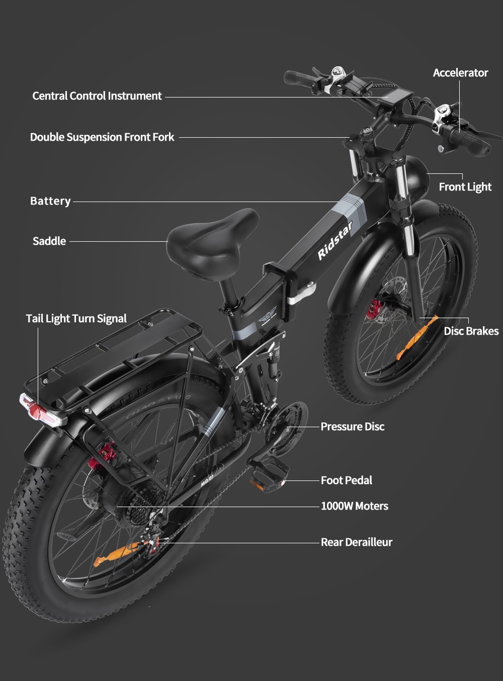 Bici elettrica Ridstar H26 Pro, pneumatici grassi fuoristrada da 26 * 4.0 pollici Motore da 1000 W Batteria da 48 V 20 Ah Velocità massima 36 miglia all'ora Portata massima 120 km Freno a olio