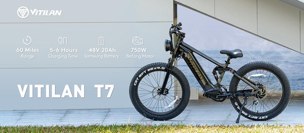 Vélo électrique de montagne Vitilan T7, 26 x 4.0 pouces, gros pneus CST, moteur Bafang 750 W, batterie 48 V 20 Ah, vitesse maximale de 28 mph, portée maximale de 80 milles, écran LCD rétroéclairé, freins à disque hydrauliques avant et arrière, SHIMANO 8 vitesses – Noir