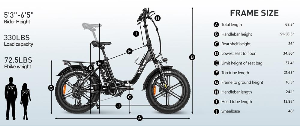 Vitilan U7 2.0 összecsukható elektromos kerékpár, 20*4.0 hüvelykes zsírabroncs 750W motor 48V 20Ah Kivehető LG lítium akkumulátor 28mph maximális sebesség 50-65 mérföld kettős felfüggesztési rendszerű hidraulikus tárcsafék - fekete