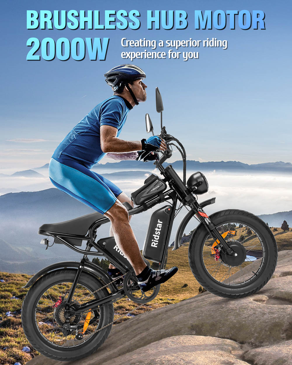 Bicicleta eléctrica todoterreno Ridstar Q20 Pro, neumáticos anchos de 20*4 pulgadas, motor de 2*1000W, batería dual de 52V 20AH, velocidad máxima de 34mph, alcance máximo de 180 millas