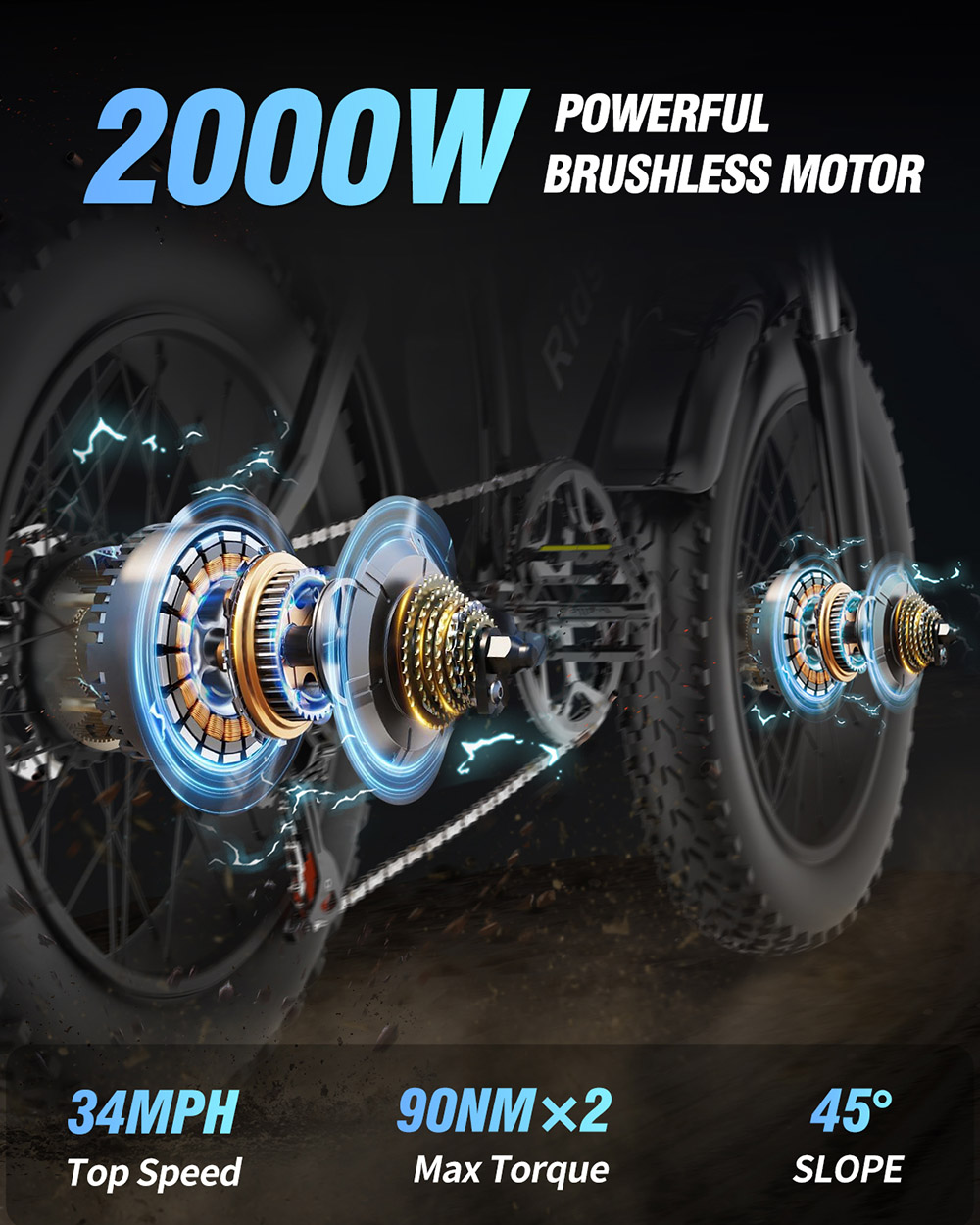 Bici elettrica fuoristrada Ridstar Q20 Pro, pneumatici grassi da 20 * 4 pollici Motore 2 * 1000 W 52 V 20 Ah Doppia batteria 34 miglia all'ora Velocità massima 180 miglia Portata massima