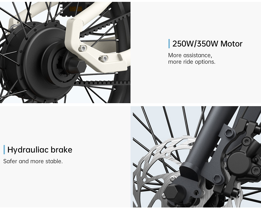 ADO A20 składany pneumatyczny rower elektryczny 20 cali 36 V 250 W Silnik 25 km / h Maksymalna prędkość 10 Ah Bateria Samsung Zasięg 100 km Czujnik momentu obrotowego IPX7 Wodoodporny IPS Kolorowy wyświetlacz Napęd pasa węglowego Podwójny hydrauliczny hamulec tarczowy - szary