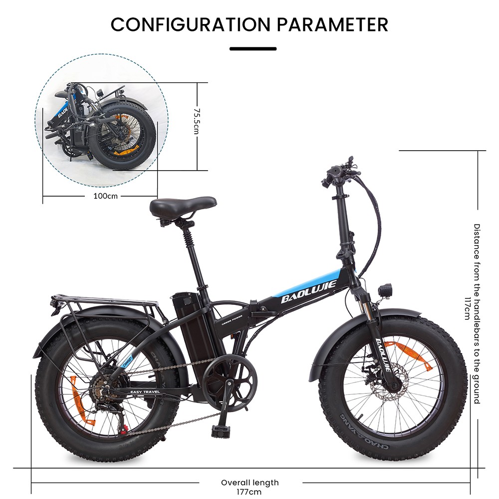 BAOLUJIE DZ2001 összecsukható elektromos kerékpár, 48V 12Ah akkumulátor 500W motor 20*4.0inches Gumiabroncsok 45km/h Max sebesség 30-40km tartomány Tárcsafék - Fekete