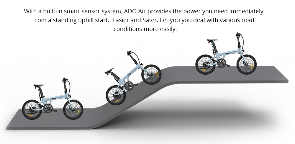 ADO A20 Levegős Összecsukható E-bike 20 hüvelykes 36V 250W Motor 25km/h Max sebesség 10Ah Samsung akkumulátor 100km hatótávolságú nyomatékérzékelő IPX7 vízálló IPS színes kijelző szénszíj meghajtás kettős hidraulikus tárcsafék- szürke