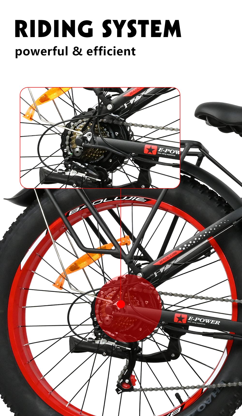 BAOLUJIE DP2619 Bicicleta eléctrica, neumático grueso de 26 * 4.0 pulgadas Motor de 750 W Batería de 48 V 13 Ah Velocidad máxima de 45 km / h Alcance máximo de 45 km Pantalla LCD SHIMANO de 7 velocidades - Negro