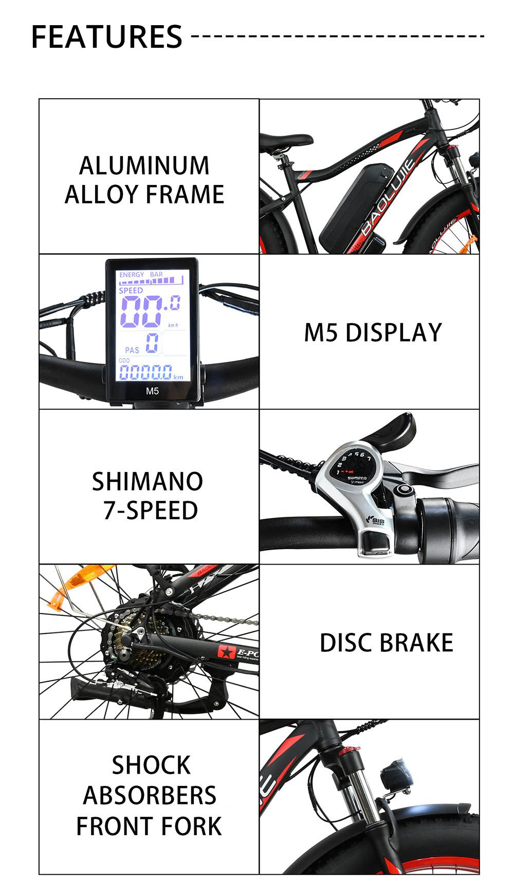 BAOLUJIE DP2619 elektromos kerékpár, 26 * 4.0 hüvelykes zsírabroncs 750 W motor 48 V 13 Ah akkumulátor 45 km/h Max sebesség 45 km Max hatótáv SHIMANO 7 sebességes LCD kijelző - fekete
