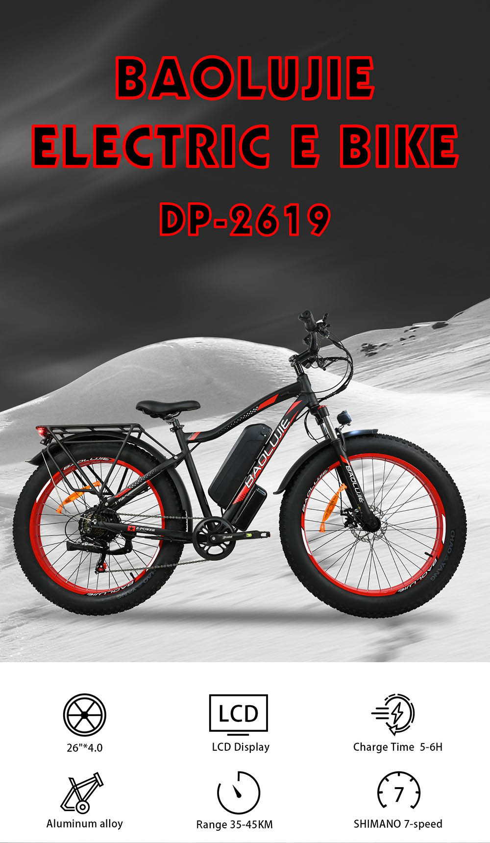 Bicicleta elétrica BAOLUJIE DP2619, pneu gordo de 26 * 4.0 polegadas 750W Motor 48V 13Ah Bateria 45km / h Velocidade máxima 45km Alcance máximo SHIMANO Visor LCD de 7 velocidades - preto