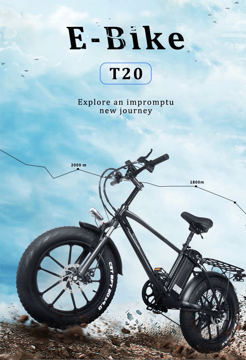 CMACEWHEEL T20 Bicicleta Elétrica 20 * 4.0 polegadas CST Pneu 750W Motor 40-45km / h Velocidade Máxima Bateria 17Ah - Preto