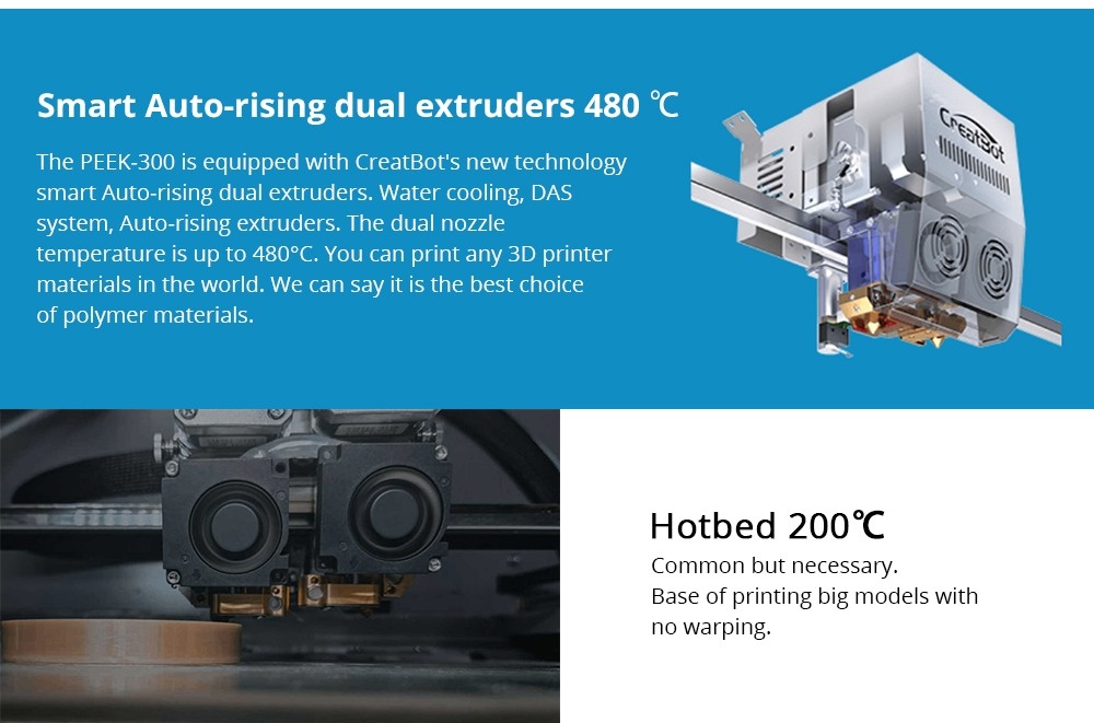 CreatBot PEEK-300 3D Drucker, automatische Nivellierung, automatisch ansteigende Dual-Extruder, 10–120 mm/s Druckgeschwindigkeit, Direktglühsystem, Luftpumpe/Wasserkühlung, einzelnes Extrusionsvolumen 300 x 300 x 400 mm, doppeltes Extrusionsvolumen 240 x 300 x 400 mm