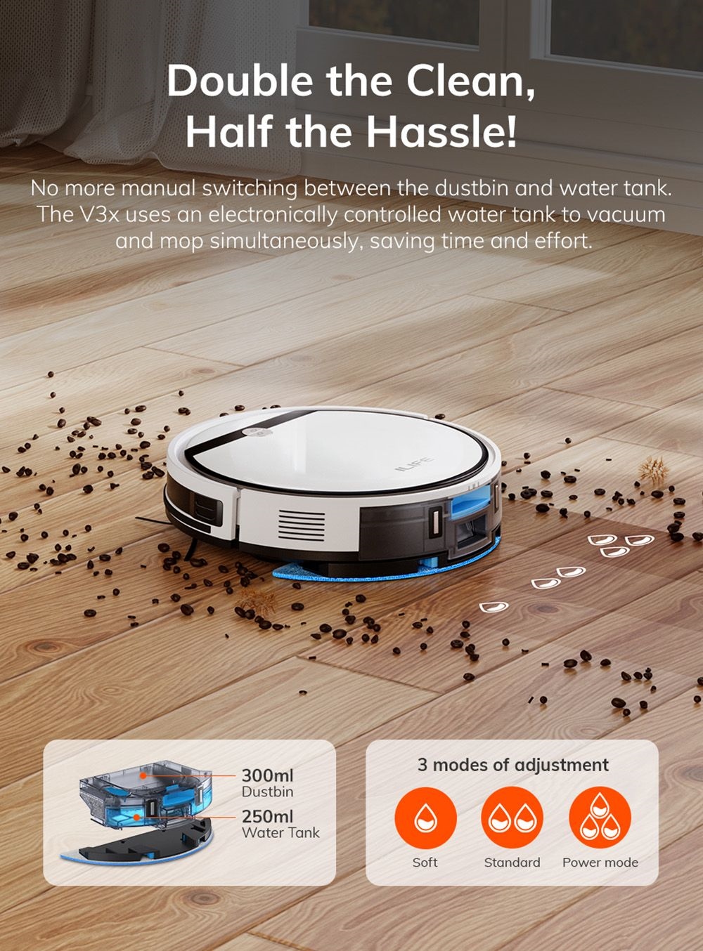 ILIFE V3X Robot Vacuum Cleaner, 2 in 1 Vacuum and Mopping, 3000Pa Suction, 300ml Dustbin, 2900mAh Battery, Up to 120min Runtime, App/Voice Control