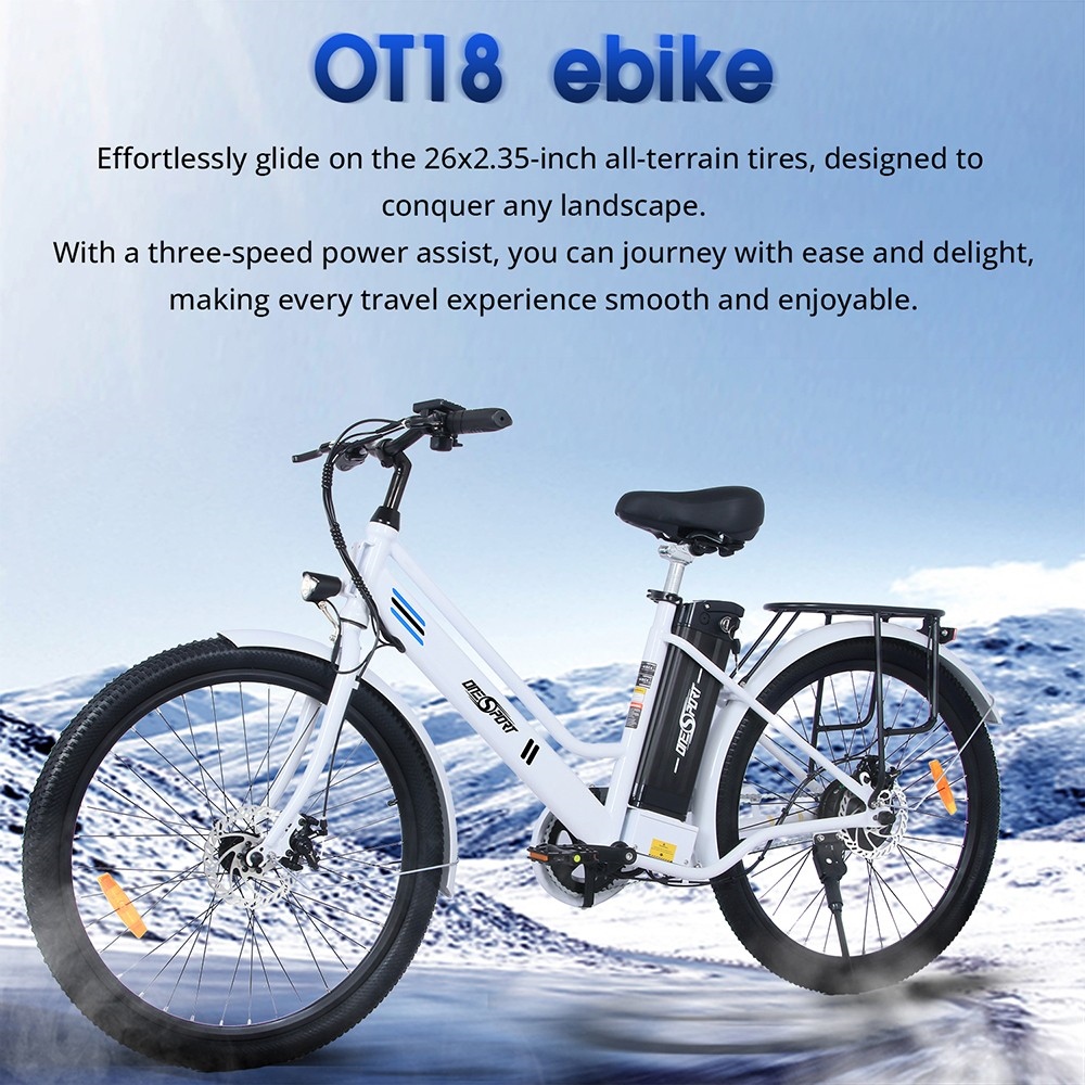 ONESPORT OT18 elektromos kerékpár, 26 * 2.35 hüvelykes gumik 350 W-os motor 36 V14.4 Ah akkumulátor 25 km/h Max sebesség - fehér