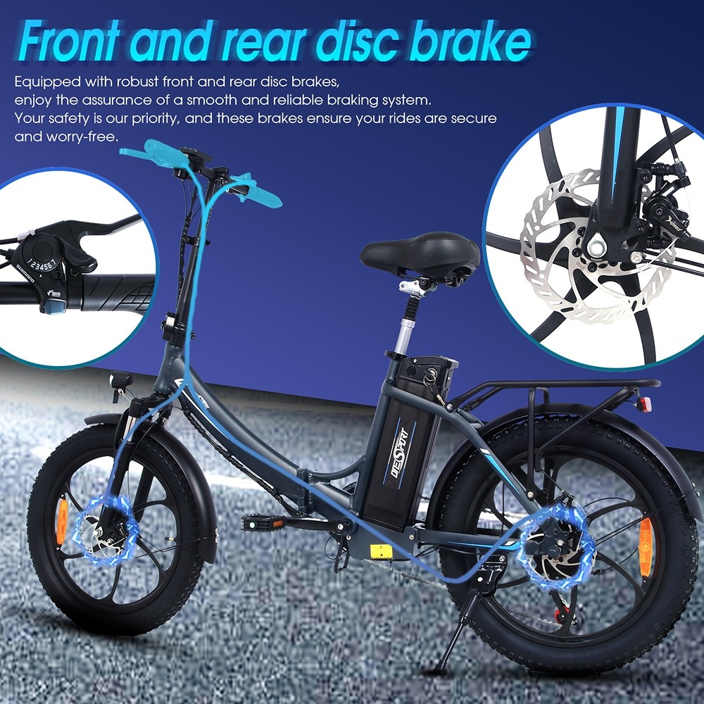 ONESPORT OT16 Bicicleta eléctrica con neumáticos de 20*3.0 pulgadas, motor de 350W, batería de 48V15Ah, frenos de disco de velocidad máxima de 25 km/h