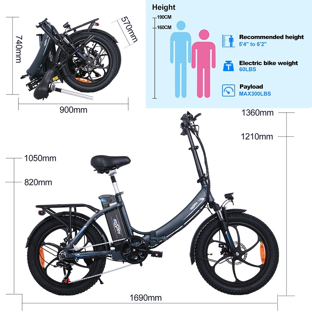 ONESPORT OT16 Bicicleta eléctrica con neumáticos de 20*3.0 pulgadas, motor de 350W, batería de 48V15Ah, frenos de disco de velocidad máxima de 25 km/h