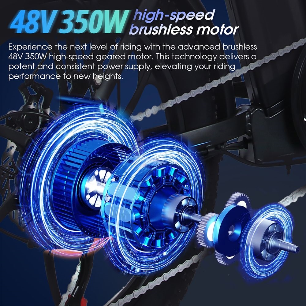 Rower elektryczny OT16 20 * 3.0 cala, silnik 350 W, akumulator 48 V 15 Ah, maksymalna prędkość 25 km / h Hamulce tarczowe - czarny