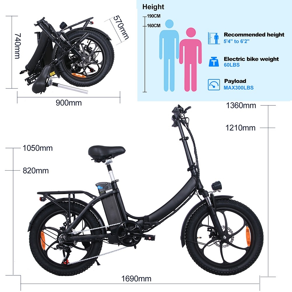 Vélo électrique OT16 20 * 3.0 pouces, moteur 350 W, batterie 48 V 15 Ah, vitesse maximale de 25 km/h, freins à disque – Noir