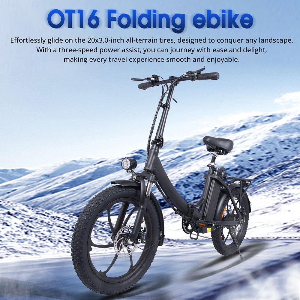 Vélo électrique OT16 20 * 3.0 pouces, moteur 350 W, batterie 48 V 15 Ah, vitesse maximale de 25 km/h, freins à disque – Noir