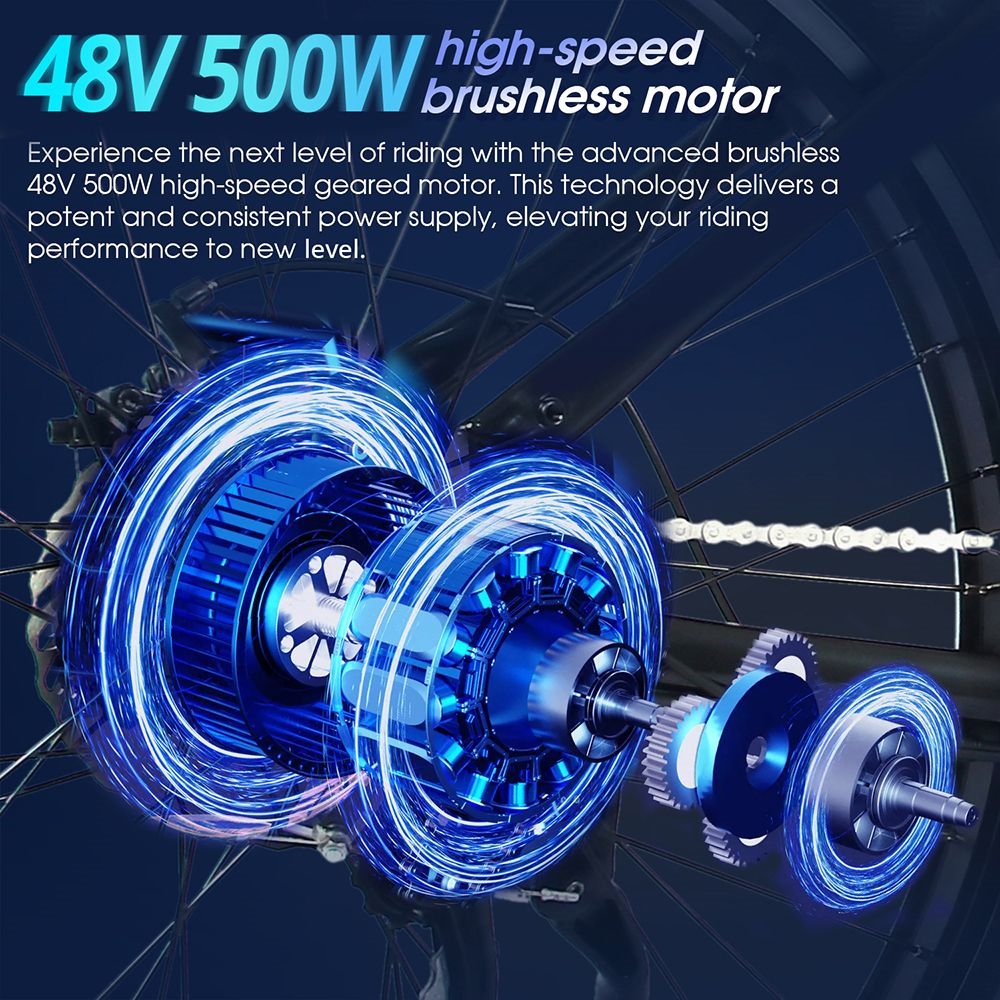 Rower elektryczny OT15, grube opony 26*4 cali, silnik 500 W, akumulator 48 V 17 Ah, maksymalna prędkość 25 km/h, maksymalny zasięg 100 km