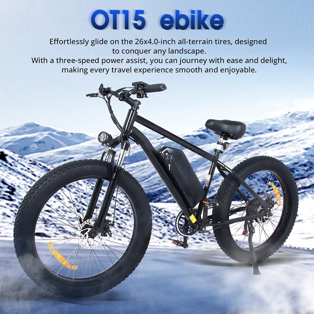 Vélo électrique OT15, gros pneus 26*4 pouces, moteur 500 W, batterie 48 V 17 Ah, vitesse maximale de 25 km/h, portée maximale de 100 km