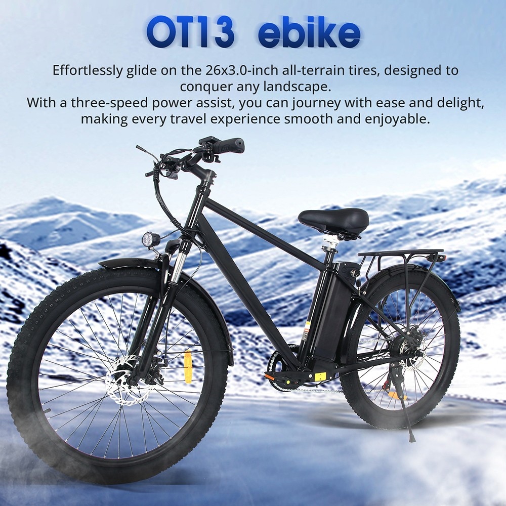 OT13 Electric Bike, 26*3 inch Fat Tires 350W Motor 48V15Ah Battery 25km/h Max Speed 100km Max Range