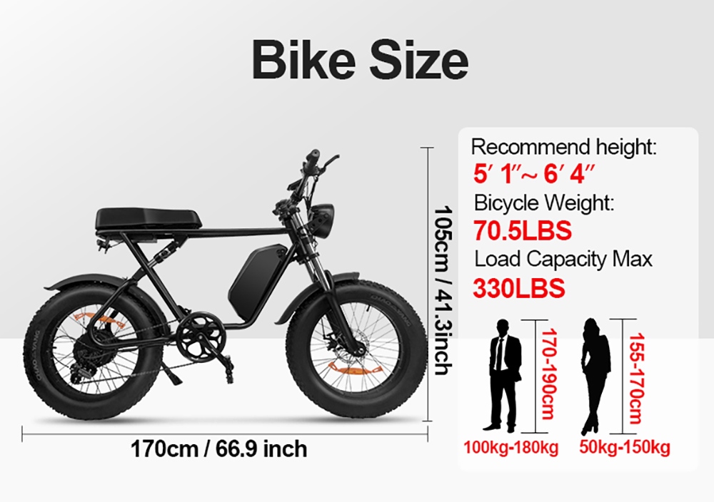 Vélo électrique tout-terrain Q8, pneus larges de 20x4 pouces, moteur 1000W, batterie 48V 17.5ah, vitesse maximale de 55 km/h, portée maximale de 70 km