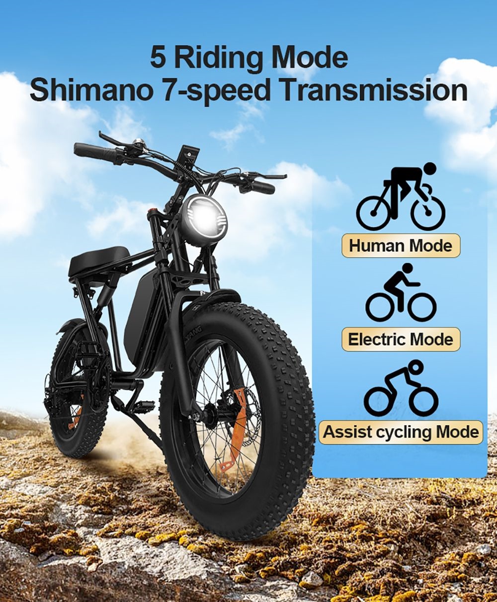 Bici elettrica fuoristrada Q8, pneumatico grasso da 20 * 4 pollici Motore da 1000 W Batteria da 48 V 17.5 Ah Velocità massima 55 km/h Portata massima 70 km