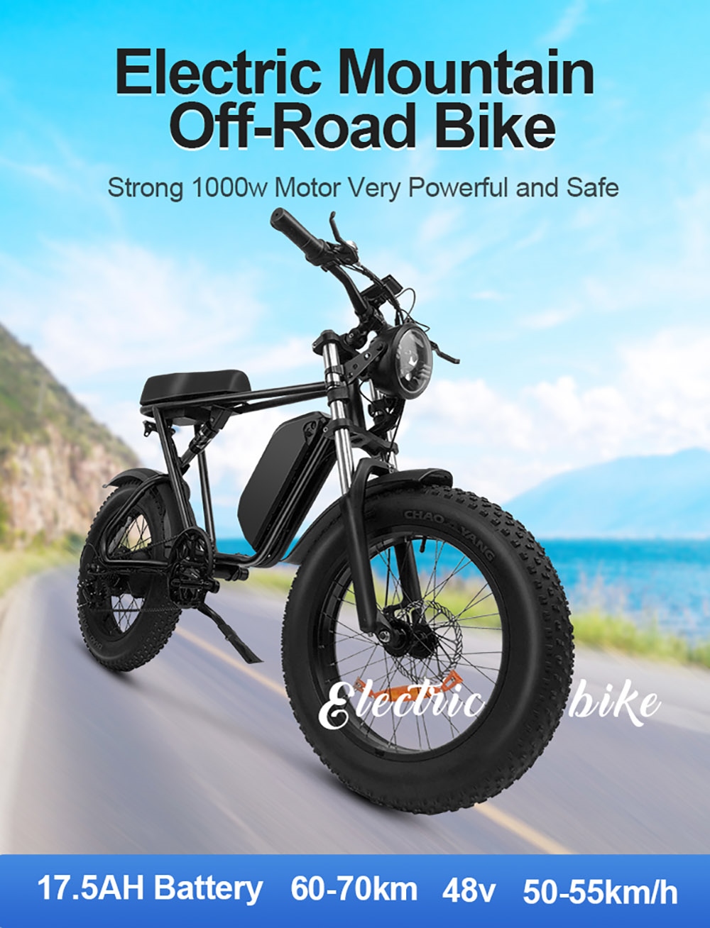 Vélo électrique tout-terrain Q8, pneus larges de 20x4 pouces, moteur 1000W, batterie 48V 17.5ah, vitesse maximale de 55 km/h, portée maximale de 70 km