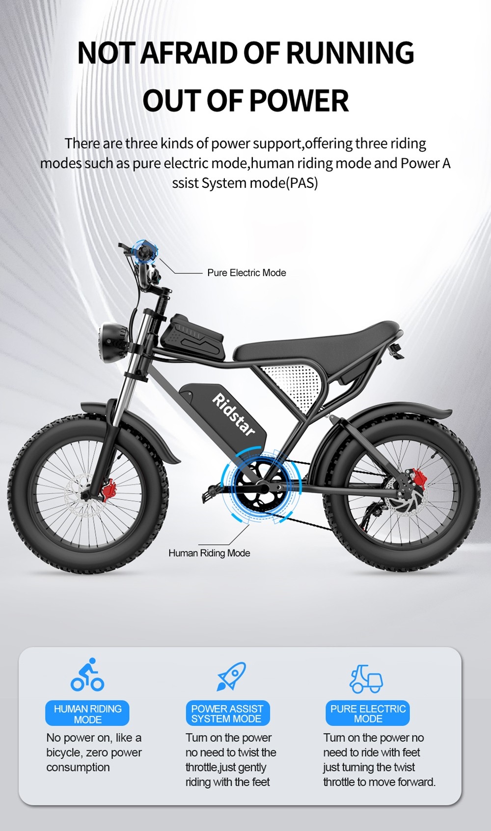 Ηλεκτρικό ποδήλατο Ridstar Q20, κινητήρας χωρίς ψήκτρες 1000W 20*4 ιντσών Ελαστικά λιπαρών 48V 20Ah Αφαιρούμενη μπαταρία 30 mph Μέγιστη Ταχύτητα 75 μίλια Μέγιστη εμβέλεια Υδραυλικό Δισκόφρενο