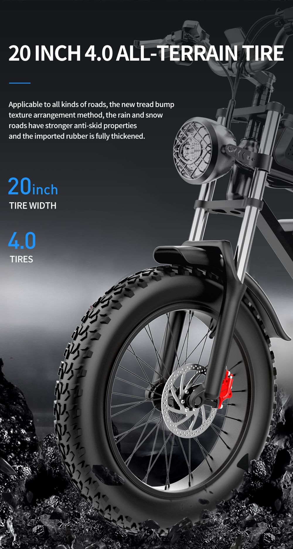 Bicicleta eléctrica Ridstar Q20, motor sin escobillas de 1000 W, neumáticos gruesos de 20 * 4 pulgadas, batería extraíble de 48 V, 20 Ah, velocidad máxima de 30 mph, alcance máximo de 75 millas, freno de disco hidráulico
