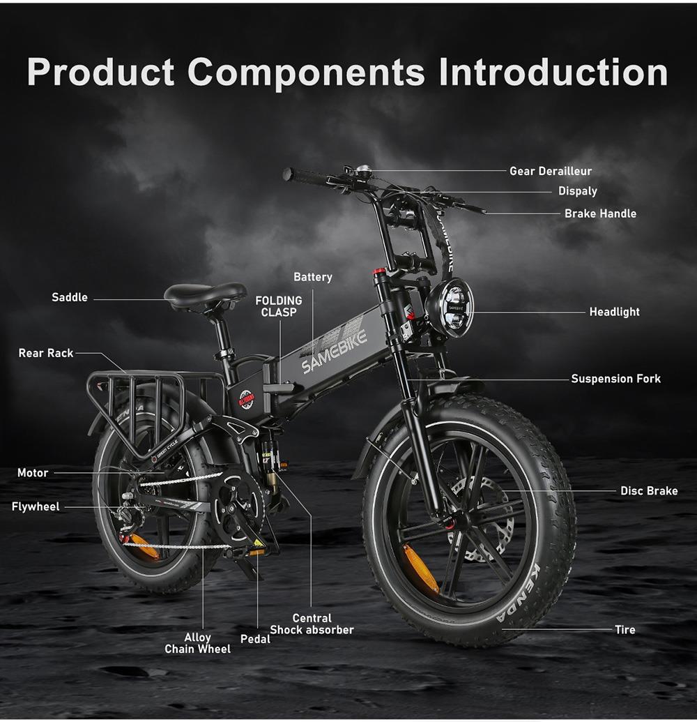 SAMEBIKE RS-A02 Electric Bike, Folding Off Road E-bike, 20*4 Inch Fat Tire 48V 17Ah Battery 1200W Motor 45km/h Max Speed 120km Max Range Shimano 7 Speed Hydraulic Disc Brakes - Black