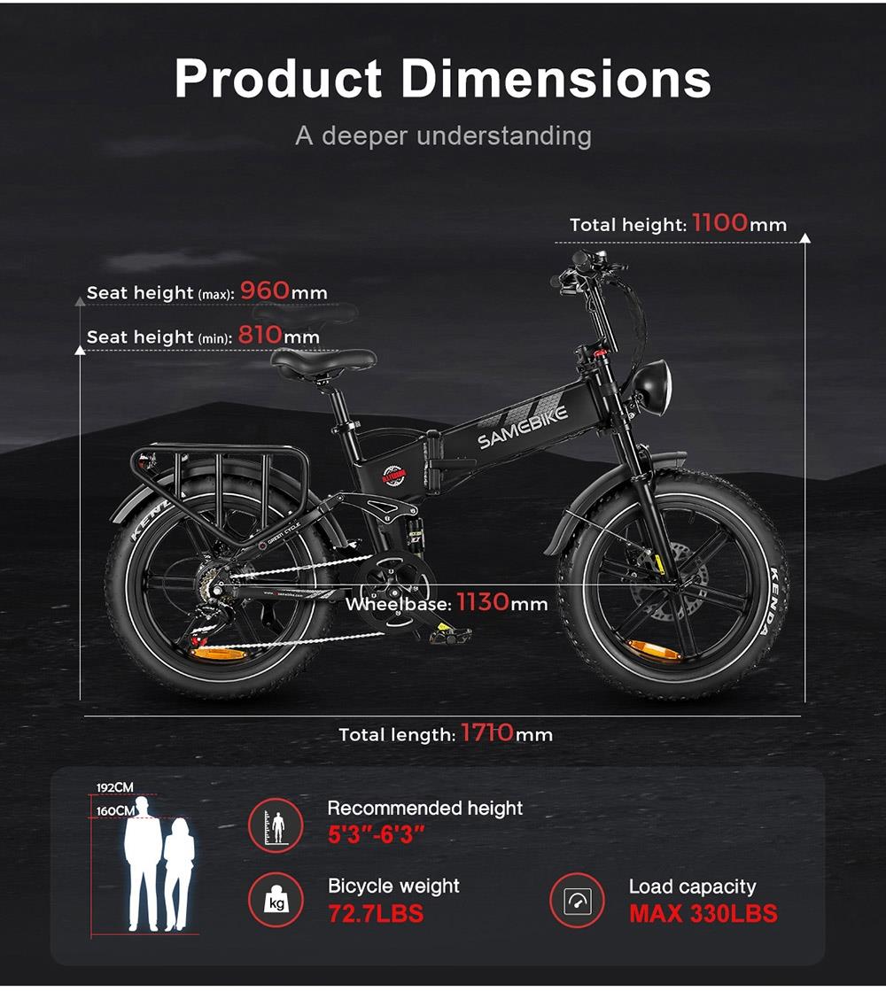 SAMEBIKE RS-A02 Electric Bike, Folding Off Road E-bike, 20*4 Inch Fat Tire 48V 17Ah Battery 1200W Motor 45km/h Max Speed 120km Max Range Shimano 7 Speed Hydraulic Disc Brakes - Black