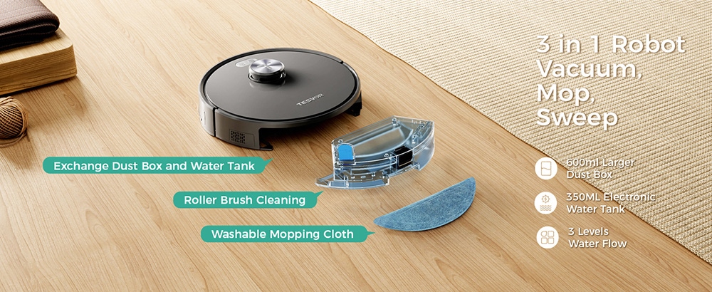 Tesvor S5 Robot Vacuum Cleaner, 3 σε 1 Vacuum Mopping Sweeping, 3000Pa Suction, LiDAR Navigation, Dust Box 600ml, Battery 2600mAh, Max 180 Mins Runtime, App/Voice Control