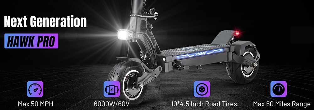 YUME HAWK Pro elektrische scooter, 10 x 4.5 inch tubeless racebanden 3000 W * 2 motor 60 V 30 Ah batterij 50 mph Max. snelheid 60 mijl Max. bereik 3 versnellingen Schakelsysteem Schijfrem Verstelbare hydraulische vering NFC APP-bediening