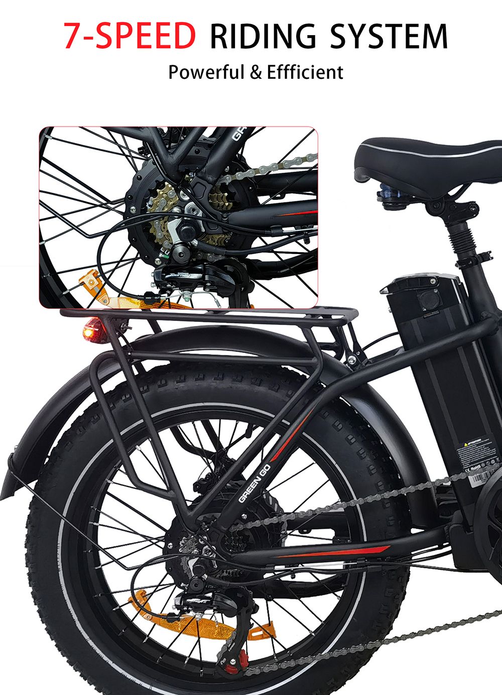 BAOLUJIE DZ2031 elektromos kerékpár, 500 W-os motor 48 V 13 Ah akkumulátor 20*4.0 hüvelykes gumiabroncs 35-45 km hatótáv 40 km/h Max sebesség SHIMANO 7 sebességes mechanikus tárcsafék - zöld