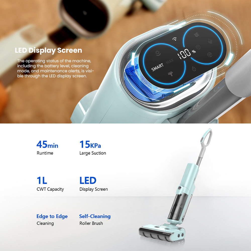 Proscenic WashVac F20 Cordless Wet Dry Vacuum Cleaner, Αυτοκαθαριζόμενη, Αναρρόφηση 15KPa, Δεξαμενή νερού 1L, Αποσπώμενη μπαταρία 4000mAh, Χρόνος λειτουργίας 45 λεπτά, Οθόνη LED, Έλεγχος εφαρμογής/φωνητικού ελέγχου - Μπλε
