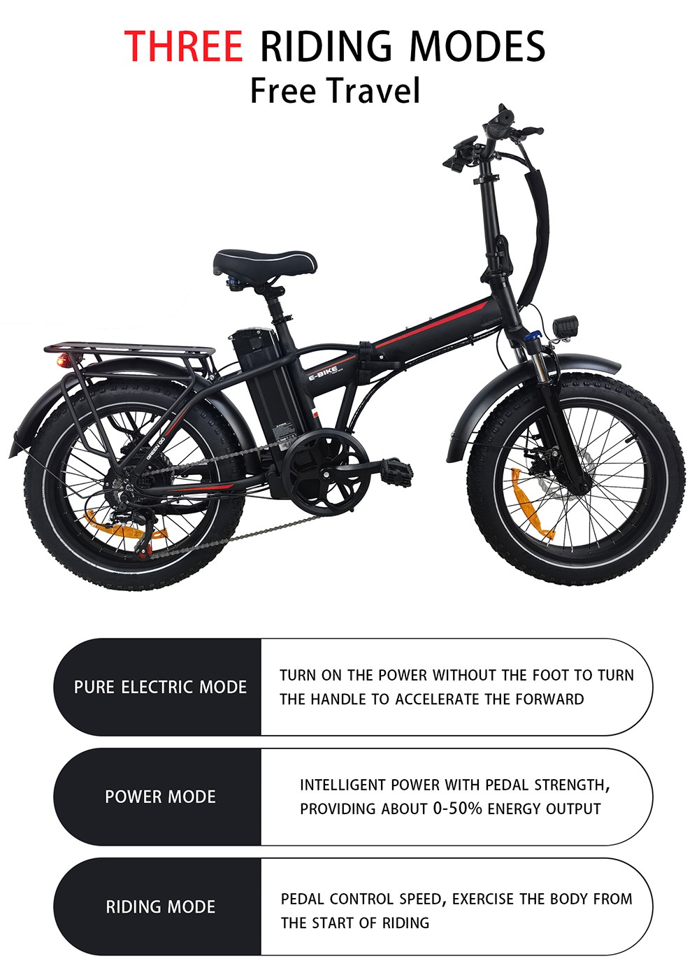 BAOLUJIE DZ2031 Bicicleta eléctrica, motor de 500 W, batería de 48 V 13 Ah, neumático de 20 * 4.0 pulgadas, alcance de 35-45 km, velocidad máxima de 40 km/h, freno de disco mecánico SHIMANO de 7 velocidades, negro