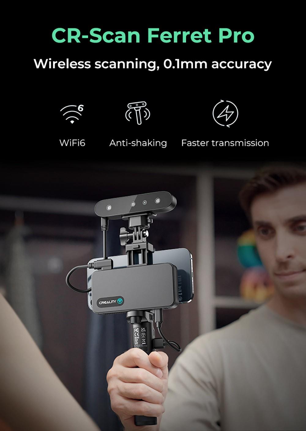 Creality CR-Scan Ferret Pro 3D Escáner, Velocidad de Escaneo de Hasta 30 fps, Precisión de 0.1 mm, Distancia de Trabajo de 150-700 mm, Rango de Captura Única de 560*820 mm, Escaneo Mínimo de 150x150 mm, Conexión Inalámbrica
