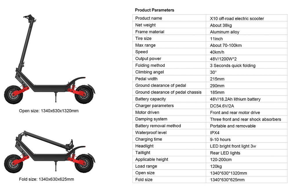AOVO X10 Electric Scooter 11 inches Tires 48V 1200W Dual Motors 40km/h Max Speed 100km Range Detachable Battery - Black