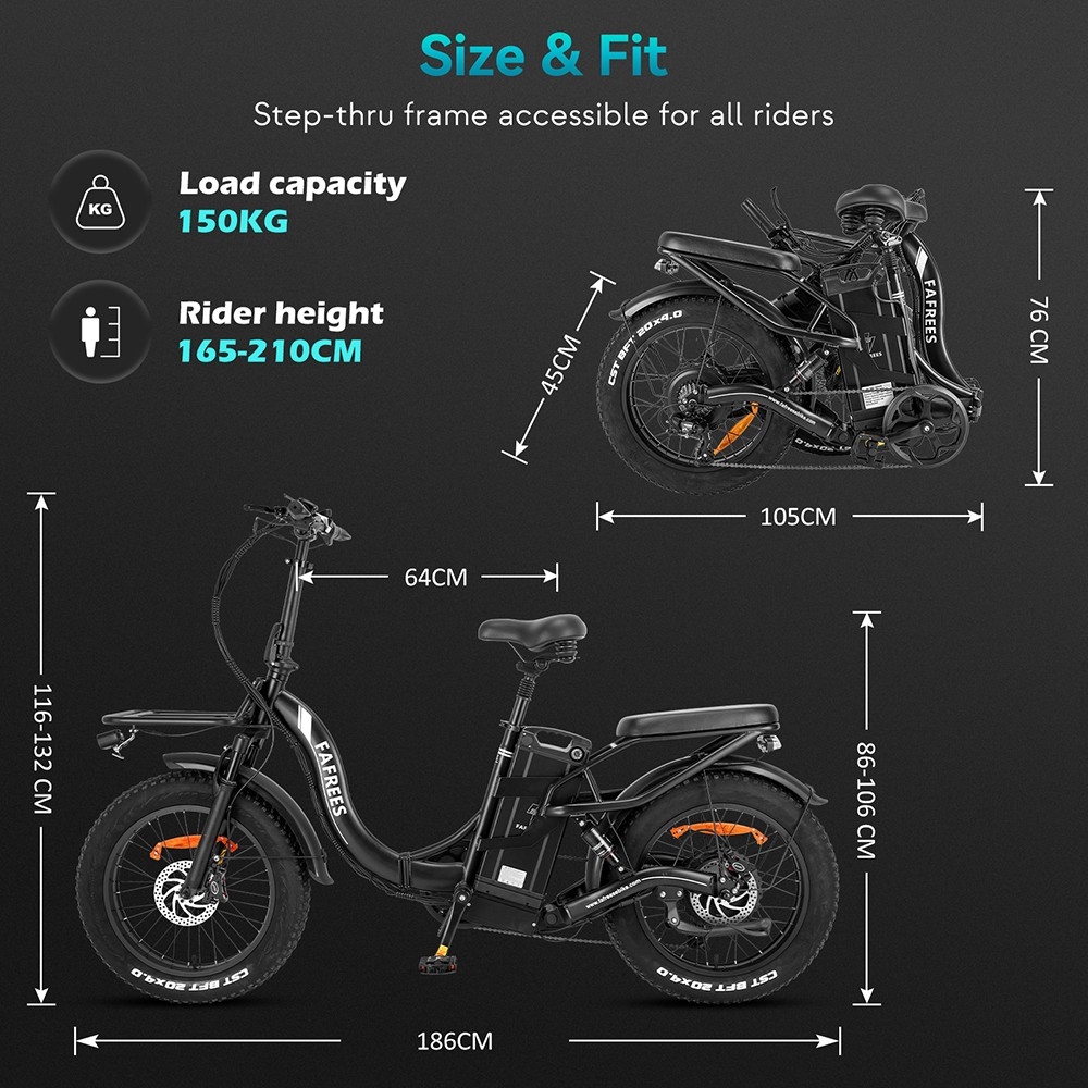 Fafrees F20 X-Max Electric Bike 20*4.0 inch Fat Tire 750W Brushless Motor 48V 30AH Battery 25km/h Default Max Speed 200km Max Range Shimano 7 Speed Gear Shift System Hydraulic Disc Brakes - Black
