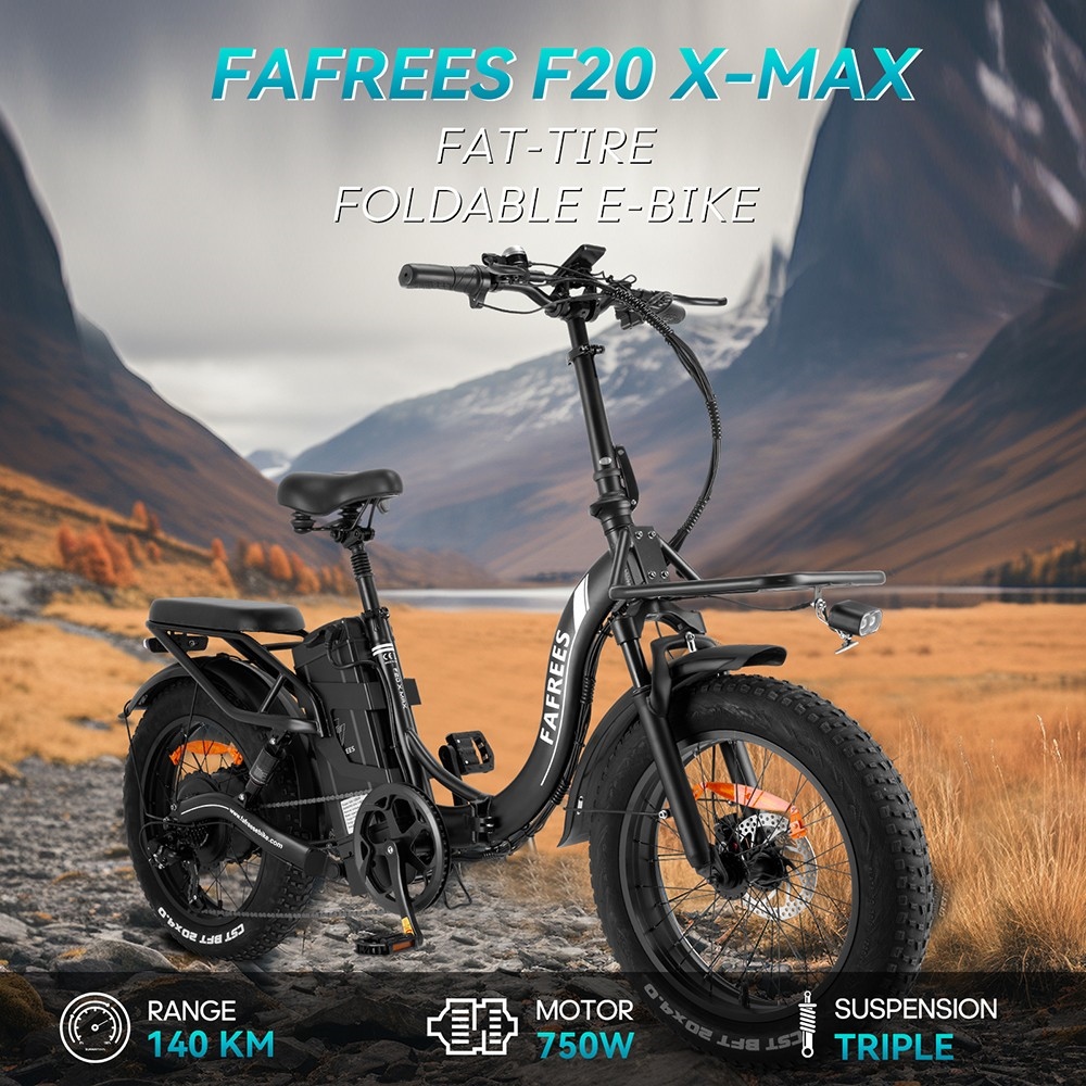 Fafrees F20 X-Max Electric Bike 20*4.0 inch Fat Tire 750W Brushless Motor 48V 30AH Battery 25km/h Default Max Speed u200bu200b200km Max Range Shimano 7 Speed u200bu200bGear Shift System Hydraulic Disc Brakes - Black